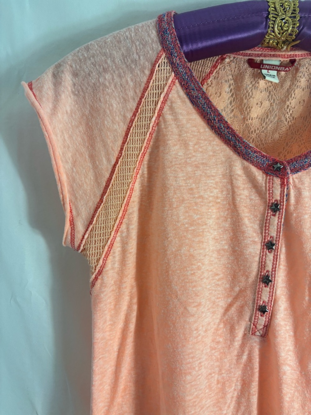 Y2K Coral Lace Star Button Short Sleeve Henley Girlcore Preppy Grunge Too Size L
